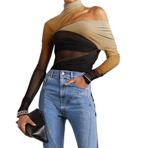 Mugler Cutout Ruched Dégradé Stretch-Tulle Bodysuit - Beige 34